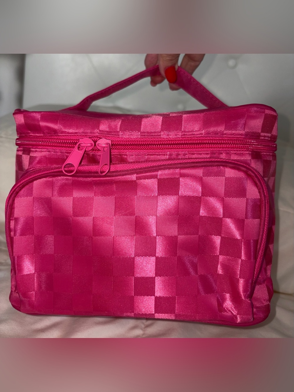 Bright Pink Checker Satin Cosmetic Travel Bag - Picture 2 of 7